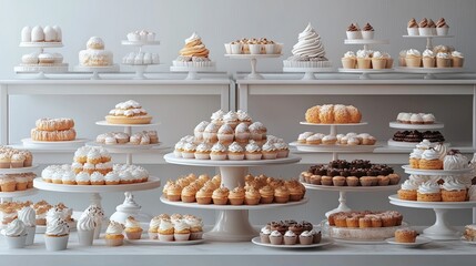 An Elegant Display Of Delicious White And Brown Cakes And Cupcakes