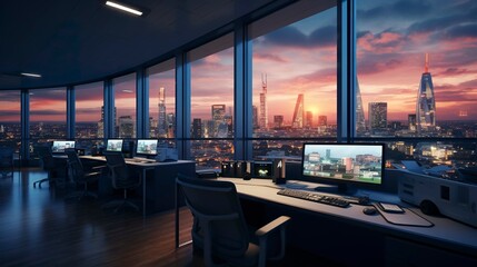 A photo of a call center office with a view