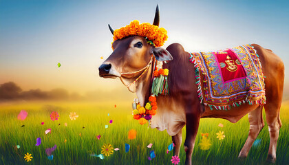 sankranthi festival traditional cow with decoration illustration poster 