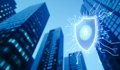 a glowing shield on the background of a megalopolis