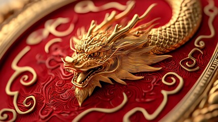 Golden Dragon Ornament Red Background Chinese Culture Luxury Design 3D Render