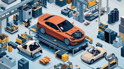 Illustration showing the stages of car manufacturing from raw materials to the final product