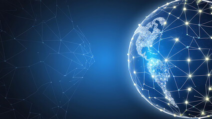Fototapeta premium Networked Globe Symbolizing Global Connectivity and Technology background, Digital globe with network connections copy space, Networked Globe blue background, blue background copy space