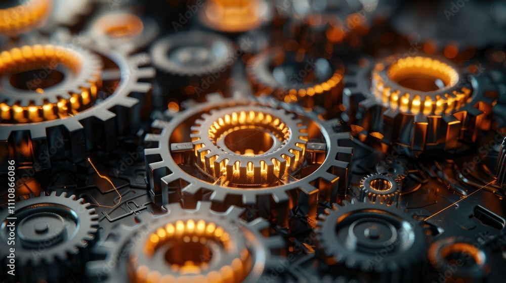 Poster close-up of interlocking gears with glowing elements, showcasing mechanical design and technology.