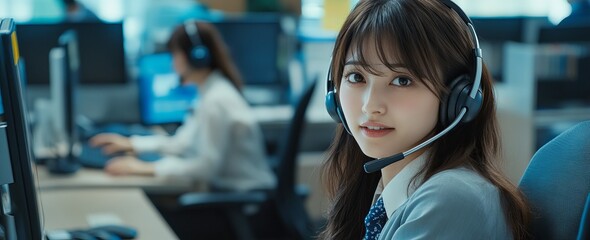 high-quality photo of a Professional call center team with headsets working on laptops in a modern office. Smiling customer support agents providing exceptional service. Diverse and dynamic workplace.