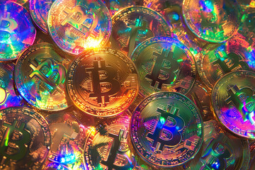 Holographic Bitcoin logos shine brightly in colorful array, creating vibrant and captivating visual display. coins reflect light, enhancing their allure and appeal