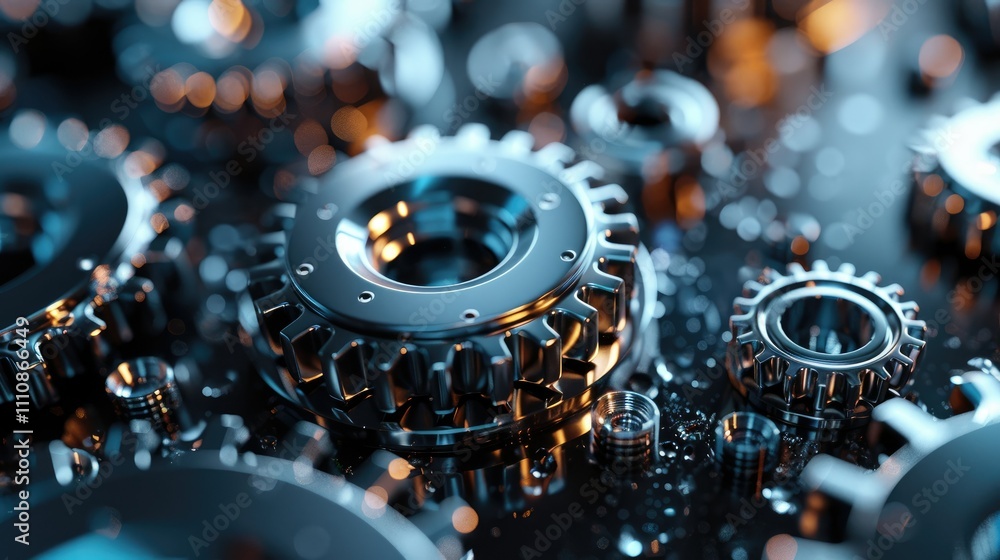 Poster close-up of metallic gears showcasing intricate design and mechanical functionality.
