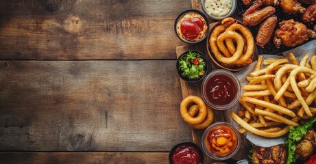 Pub Appetizers: Chicken Wings, Onion Rings, and French Fries. AI generated illustration.