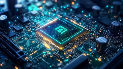 Fototapeta premium Illuminated Microchip On Circuit Board Displaying Technology