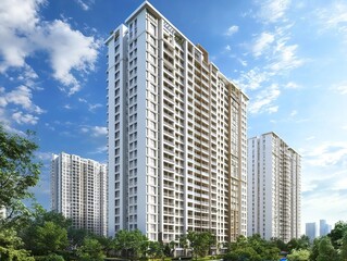 Modern residential skyscraper with white balconies, surrounded by greenery and Cityscape, bright sunny day with blue sky and clouds, luxury urban living, real estate architecture.