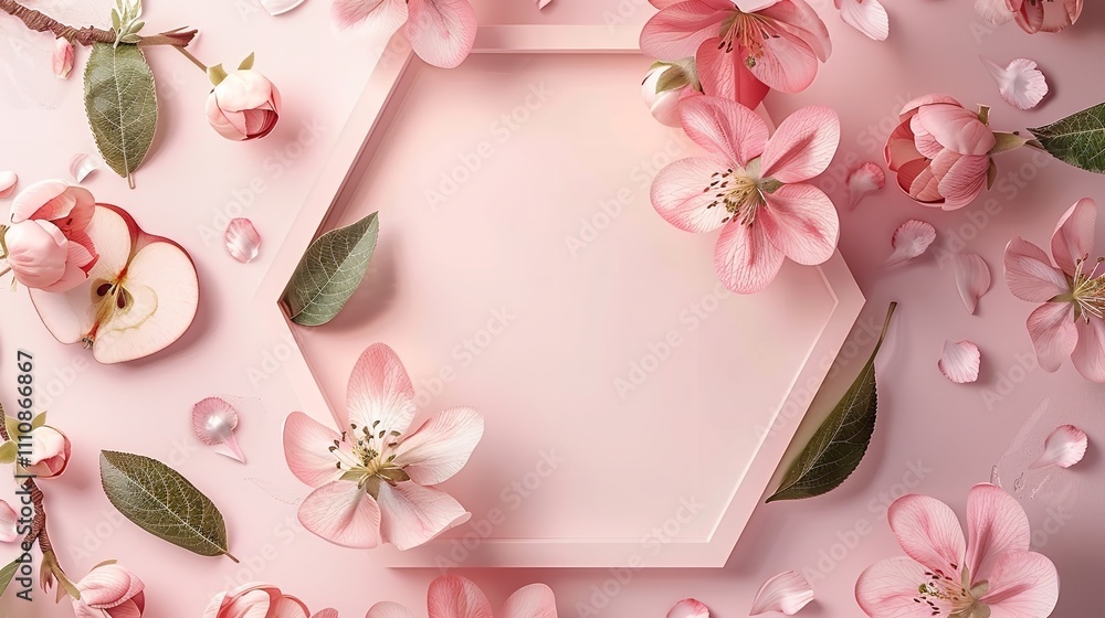 Poster a large space with a gentle pink backdrop and a white hexagon-shaped card covered with numerous rose