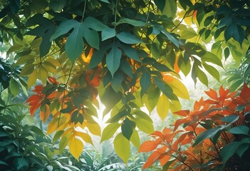 Tropical exotic pattern with animal and flowers in bright colors and lush vegetationn