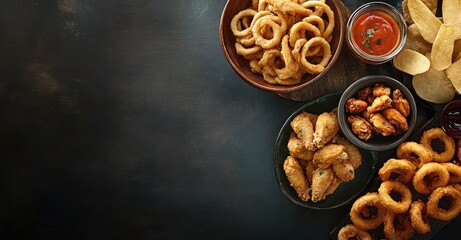Pub Appetizers: Chicken Wings, Onion Rings, and French Fries. AI generated illustration.