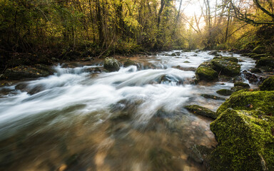 The Alzou river running through a forest of autumn colours near Grammat in the Lot region of France