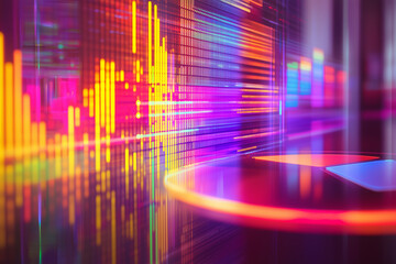 Colorful holographic pie charts and bar graphs create vibrant data visualization scene, showcasing dynamic statistics and trends in modern digital environment