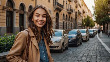 Fototapeta premium appy young caucasian girl smiling at camera standing at city street.