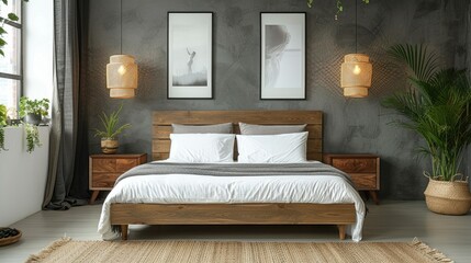 Cozy bedroom featuring a wooden bed, plants, and artwork for a serene atmosphere.
