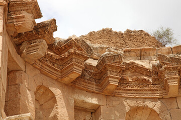 Closeup of the decorative carving on the cornice of the Nymphaeum, Jerash Jordan
