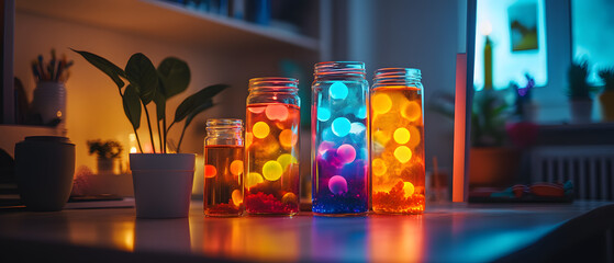 Vibrant Colorful Jars with Floating Orbs, Illuminated Home Decor