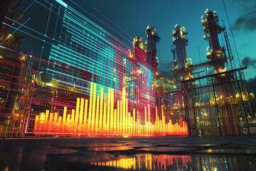 Holographic visuals of carbon trading platforms in industrial setting, showcasing vibrant data representations and advanced technology. scene captures futuristic atmosphere