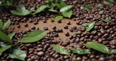 Obraz premium A bunch of coffee beans with their leaves and stems intact , coffee leaves, garden, green coffee beans