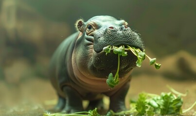 A pygmy hippopotamus is eating grass at the water's edge in the zoo.
