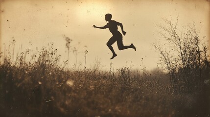 A silhouette of a person running through a grassy field at sunset, capturing freedom and movement.