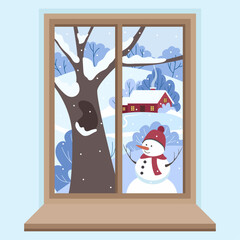 Vector illustration of a winter view from the window. Christmas holidays, winter season. Childish illustrations.