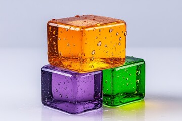 Obraz premium A translucent cube filled with colorful liquid, placed on a white background under direct light