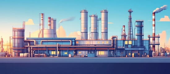 Industrial plant with tall chimneys and tanks at sunrise.