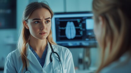 Fototapeta premium A young female doctor consulting with a colleague in her office, both standing.