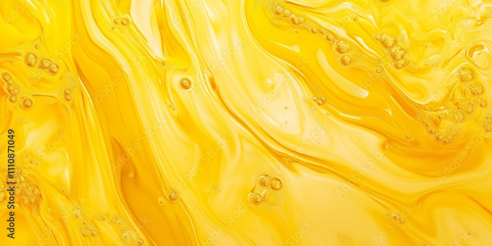 Poster a yellow liquid with bubbles in it. the bubbles are scattered throughout the liquid, creating a sens