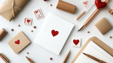 Fototapeta na wymiar Valentine's Day stationery set with hearts, stamps, and envelopes