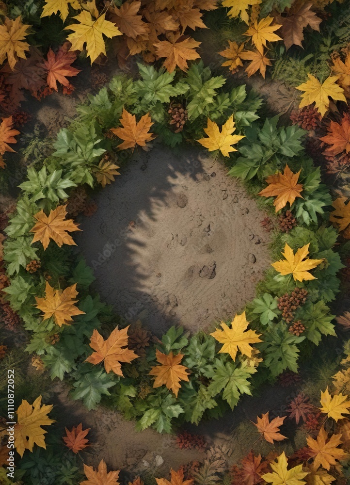 Poster a circular pattern of maple leaves and twigs on the forest floor , tree, maple leaves