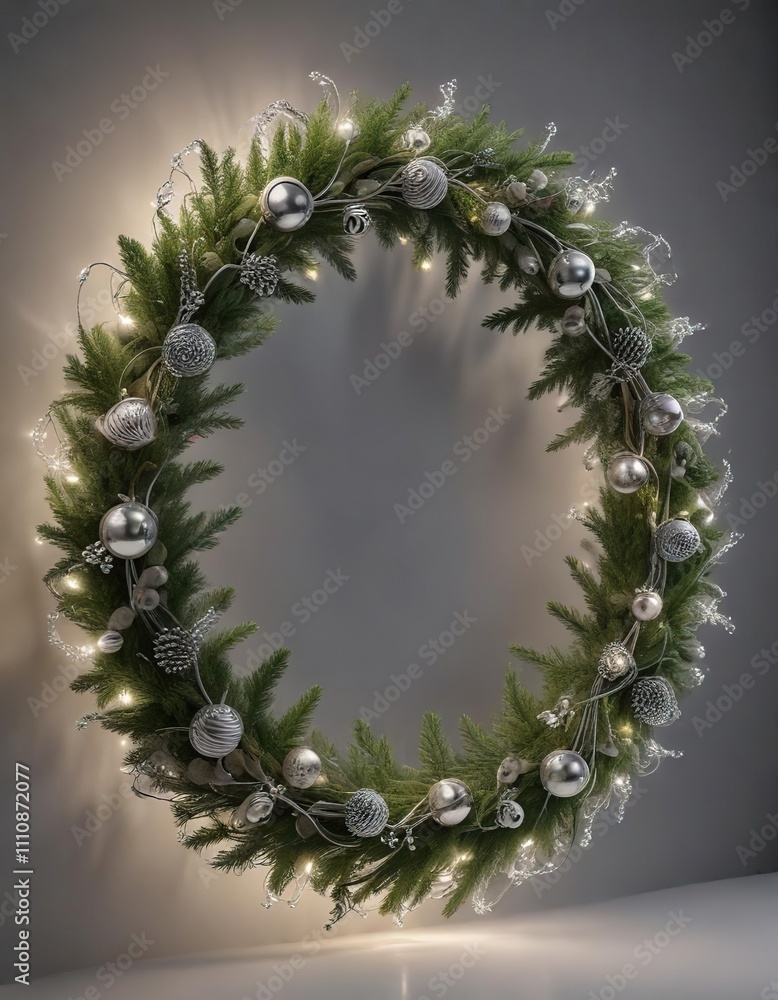 Aufkleber a circular wreath made of twisted evergreen and adorned with sparkling silver bells and string light