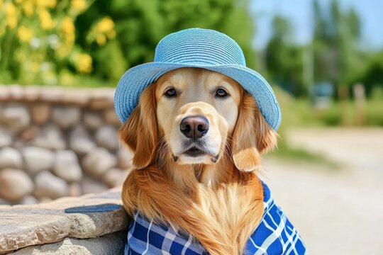 An adorable dog character dressed in a chic blue sun hat and matching coat, designed to capture attention in children stories, postcards, or online posts