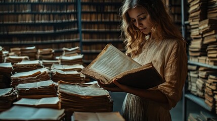 Young Woman Reading Antique Book In Library