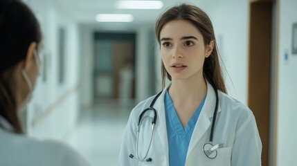 A young female doctor engaged in a conversation with a colleague in the hallway.