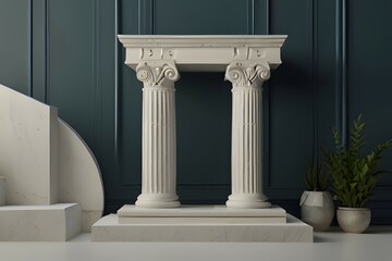 Minimalistic 3D illustration featuring a soft pastel blue background showcasing a top view flat lay with a single cylindrical pedestal and a circular podium