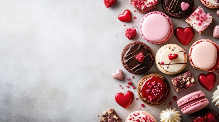 Naklejka premium Colorful assortment of heart-shaped and round desserts on light background