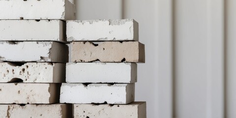 Stacked bricks in neutral tones showcasing texture and wear.