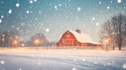 Snow-covered red barn in winter landscape with falling snow, warm lights, and trees