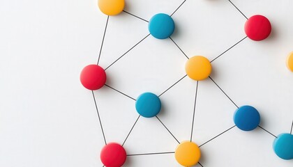 Fototapeta premium Colorful network of dots connected by lines on a white background.