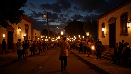 Celebrating Las Posadas with glowing lanterns in a lively street during twilight festivities