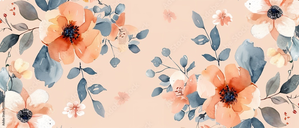 Poster a watercolor illustration with a continuous pattern of fall flowers set against a clean pastel brown