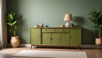 Wood sideboard in green living room with copy space