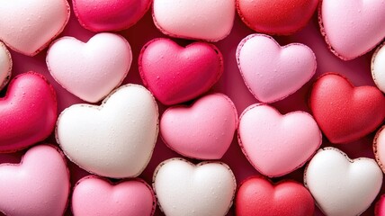 Heart-shaped macarons in pink, red, and white hues on pink background