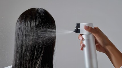 Fototapeta premium Up close&nbsp;a hand is seen holding a white hair spray bottle without a name, which it is using to mist black and&nbsp;silky with&nbsp;straight hair against a white background, Generative AI.