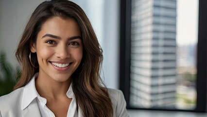 Fototapeta premium Headshot close up face portrait of young happy smiling Hispanic businesswoman,