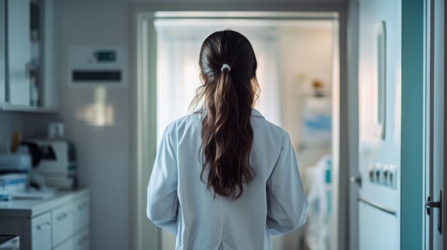 A young female doctor entering a patient's room, back facing the camera.